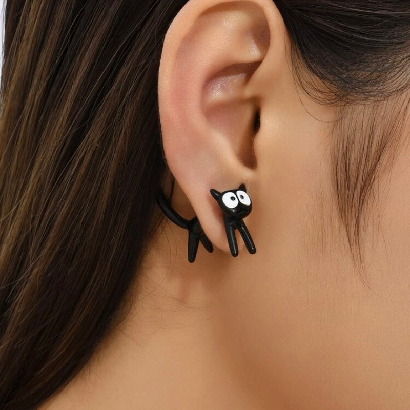 Cat Design Black and White Earrings