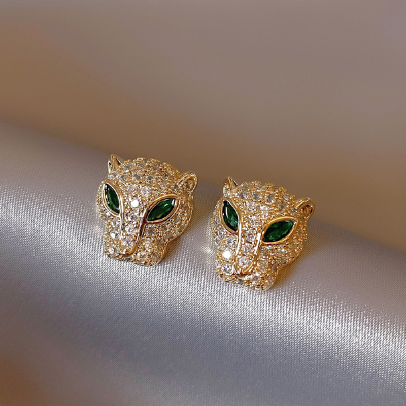 Leopard White Green Crystals Golden Earrings