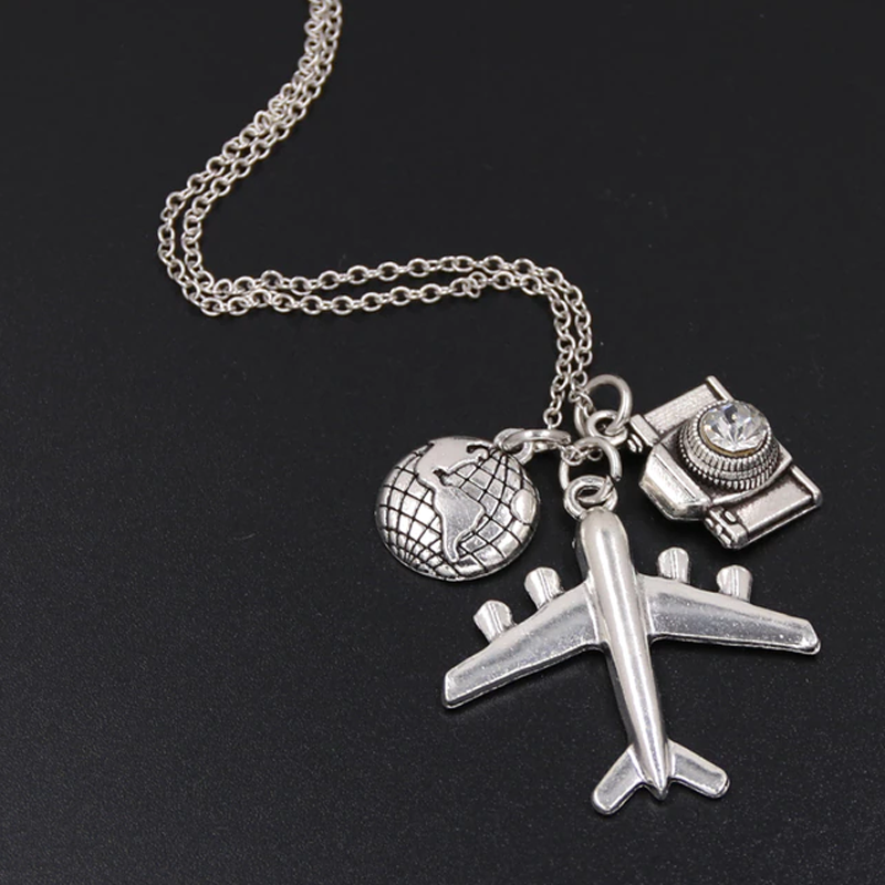 Airplane Camera Silver Necklace